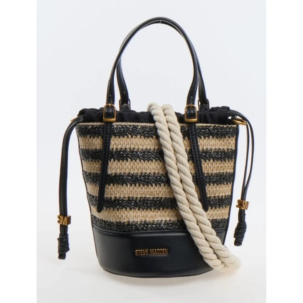 Steve Madden B-Rope Woven Straw Bucket Bag Striped Black Tan Nautical Rope Strap